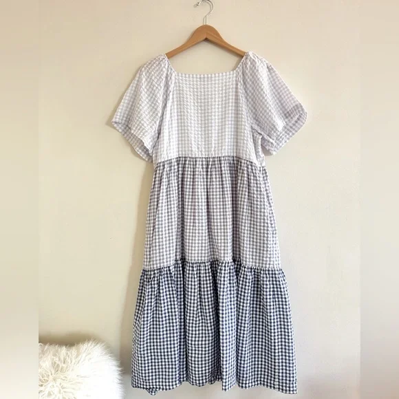 Madewell Patchwork Gingham Button-Front Tiered Midi Dress Size M - Picture 10 of 12